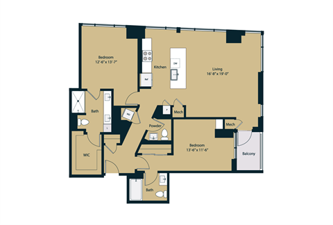 Floor plan for 2 beds, 2.5 baths, 1360 sqft